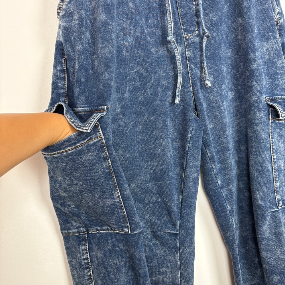 Vanilla Star Women Cargo Sweatpants XL Blue Acid Wash Stretch Wide Leg Skater - Picture 5 of 14